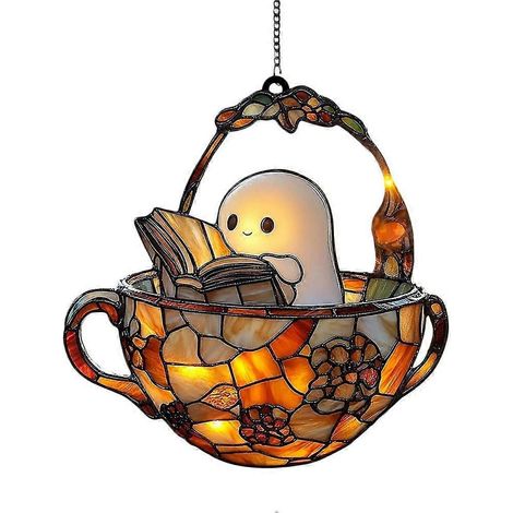 Ghost Reading Book Acrylic Suncatcher Cute Boo Window Hanging Book Decor (1/5)
