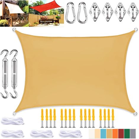 Voile d'ombrage rectangulaire, toile imperméable avec protection UV et kit de fixation, pour terrasse et jardin, jaune sable, 4 x 5 m (1/5)