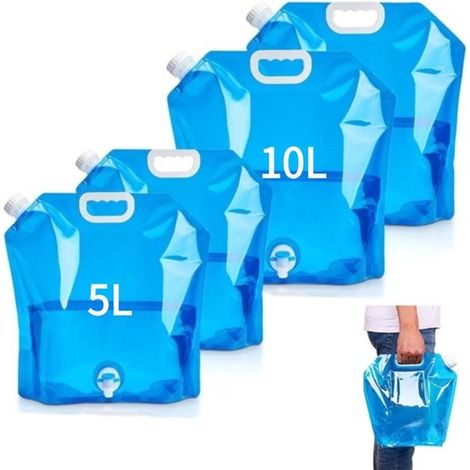 Poches à eau, lot de 4 : 2 x 5 L + 2 x 10 L. Bidons pliables avec couvercles et robinets étanches. Poches à eau réutilisables. Robustes. Faciles à ranger. (1/5)