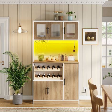 Buffet de cuisine MDF blanc et naturel 100x40x180 cm, LED RGB, prises intégrées, range-verres et casier à vin (1/5)