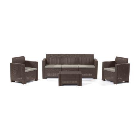 Salon Nebraska 3 en re'sine effet polirattan marron compose' d'un canape' de deux fauteuils avec coussins et d'une table de jardin exte'rieur