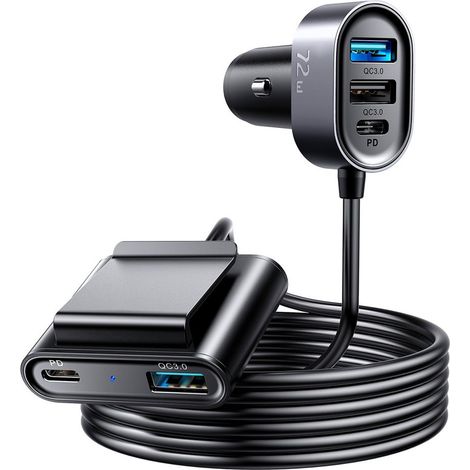 Cargador de coche para 5 dispositivos, 2xPD + 2xQC3.0, 72W, 1,5m, negro (1/5)