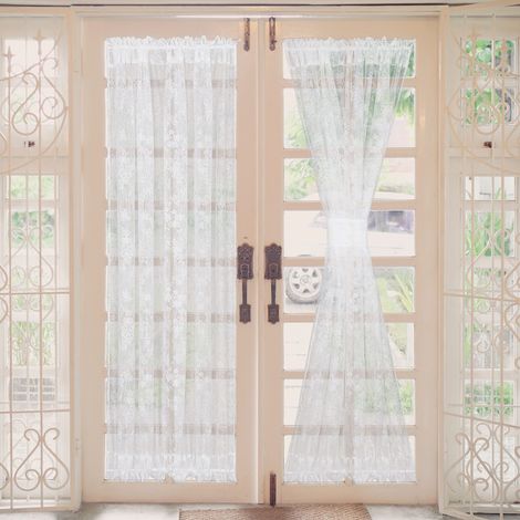 Lot de 2 rideaux semi-transparents à motif floral pour porte en verre de terrasse, embrasse incluse, 137,2 x 101,6 cm, blanc (1/5)