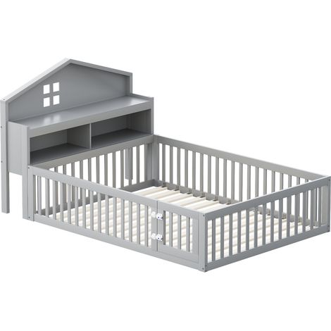 Letto cabina bambino 140 x 200 in legno grigio con contenitore, barriera, porta e rete (1/5)