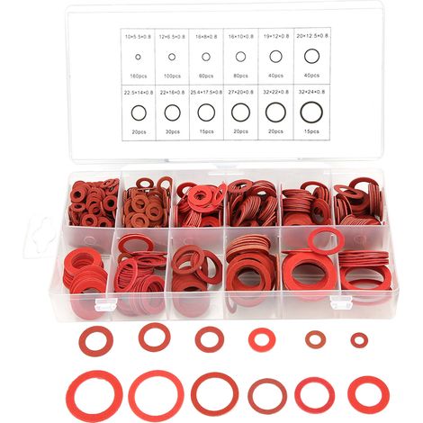 Kit de 600 rondelles plates isolantes en acier rouge, papier et fibre, de 12 tailles différentes, avec boîte. (1/5)