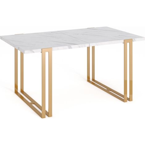 Ausziehbarer Rechteckiger Esstisch im Loft-Stil - Großer Industrietisch mit Goldenen Metallbeinen, 120 bis 220 cm - Platzsparender Konferenztisch - Marmor Weiß