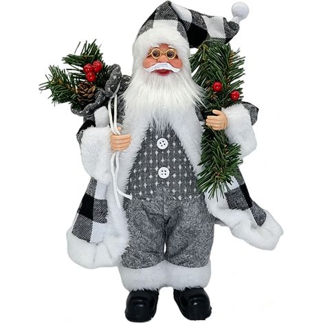 Figura de Papá Noel a cuadros blancos y negros de 30 cm (12 pulgadas), que sostiene una bolsa de regalo con un abeto verde artificial y bayas rojas. (1/4)