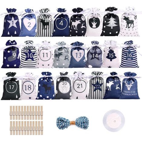 Calendrier de l'Avent-Sac en Tissu, Sachet Calendrier Noel Remplir, 24 Sac Calendrier de l'avent avec Chiffres imprimés, Sac en Toile de Jute Pochettes, Sacs Surprise Noël Sachets (1/5)
