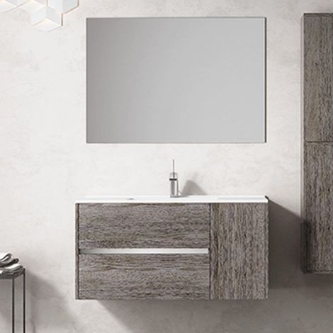 Mueble de baño suspendido Itaca con lavabo y Espejo. Se envía montado 90 CM seno desplazado a izquierda Roble Smoky