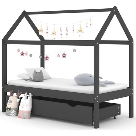 Cadre de lit enfant cabane avec tiroir en pin massif gris foncé 80 x 160 cm - PANGIVO (1/5)