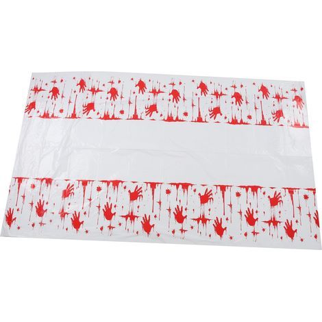 Nappe jetable en plastique avec empreintes sanglantes, bannière d'Halloween, décoration de fête horrifique, motif éclaboussures de sang. (1/5)