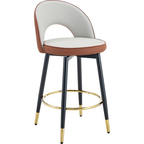 Tabouret de bar pivotant 360° en cuir régénéré, dossier ajouré, assise bicolore gris clair et marron, pieds métalliques dorés, lot de 1 – CHICFURN (1/5)
