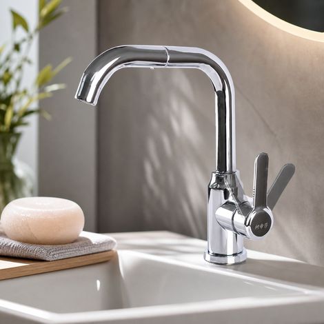 Robinet lavabo pivotant 360° mitigeur eau chaude et froide en laiton massif bec orientable finition chromée avec flexible 60cm (1/5)
