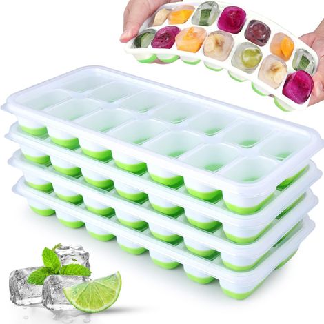 Juego de 4 bandejas de silicona para cubitos de hielo con tapas herméticas, apilables, sin BPA, para bebés y whisky. (1/5)