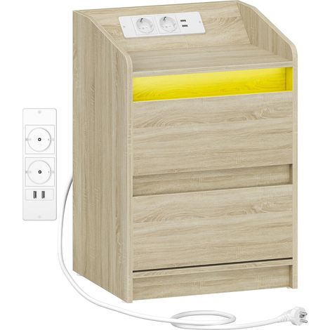 Tables de Chevet avec lumières LED, Station de Chargement et 2 tiroirs, Table d'appoint avec Ports USB et Prises électriques, pour la Chambre à Coucher, Couleur Chêne (1/5)