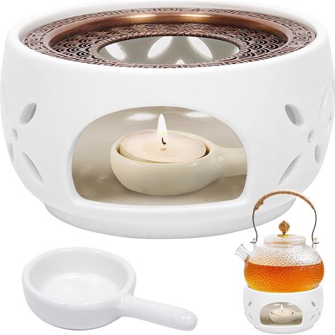 Réchaud pour théière, réchaud en céramique, réchaud en porcelaine blanche, théières en porcelaine, café, thé ou lait, chauffage et rangement, réchaud à thé avec coussin en liège (B) (1/5)