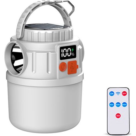 Lanterne de camping LED à 3 ampoules, alimentée par énergie solaire, rechargeable par USB inversé, étanche et idéale pour une utilisation en extérieur. - AquaForge
