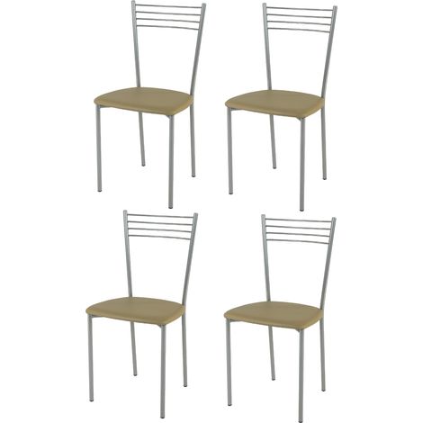 Tommychairs - Set 4 sedie modello Elena per cucina bar e sala da pranzo, struttura in acciaio verniciato color alluminio e seduta imbottita e rivestita in pelle artificiale colore cappuccino (1/5)