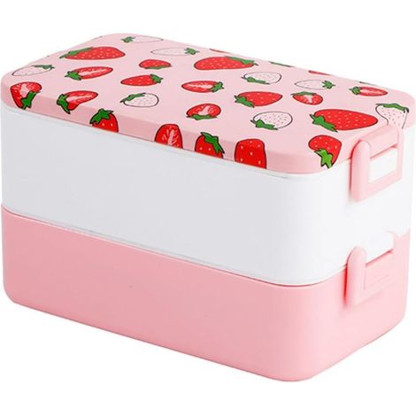 Boîte à lunch Bento 2 étages, motif fraise, anti-fuites et (1/5)