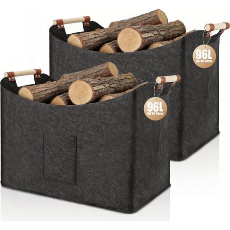 Filzkorb aus Holz, Brennholztasche aus extra dickem Filz mit verstärktem Griff Faltbare Filztasche für Einkäufe, Brennholz, Zeitungen - Dunkelgrau, 60 x 40 x 40 cm (96 l), 2 Stück (1/5)