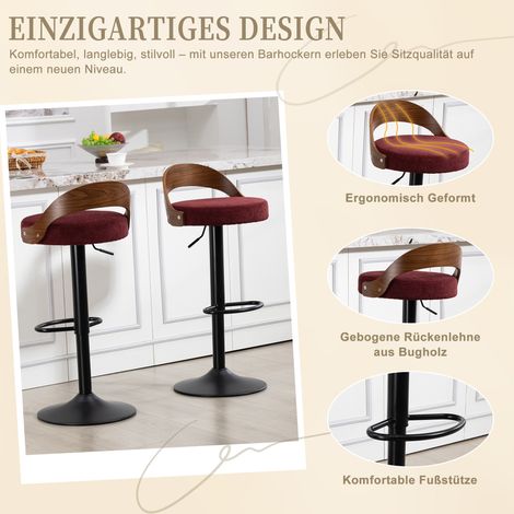 Lot de 2 tabourets de bar pivotant à 360°, dossier en noyer noir, coussin d’assise en similicuir PU, hauteur réglable. Parfaits pour cuisine, restaurant ou bar (Lin rouge vin)