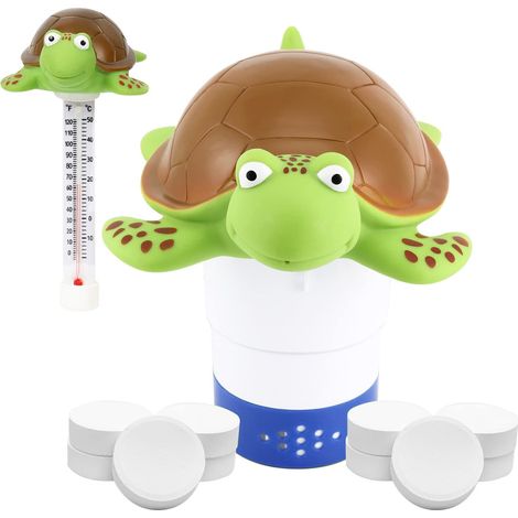 Distributeur de chlore flottant avec thermomètre, tortue marine pliable 2-en-1 pour piscine, anti-corrosion, compatible pastilles 3", diffusion réglable, spa et bain à remous (1/4)