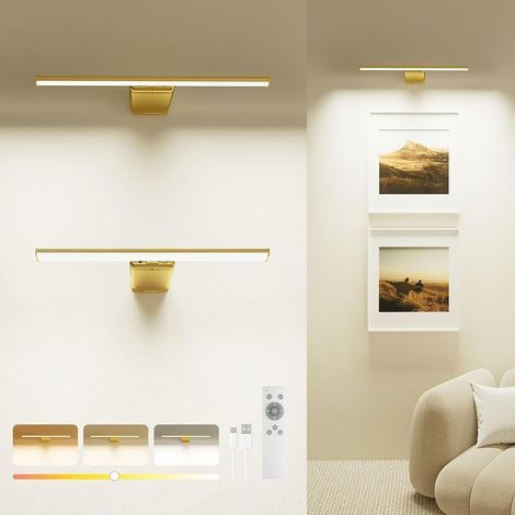 Lampe de Tableau Sans Fil Rechargeable 12000mAh avec Télécommande, Éclairage LED Dimmable pour Peintures et Cadres, Applique Murale Intérieur, 3 Couleurs, CRI 95+, Minuterie & Mémoire, Or, Lot de 2 (1/5)