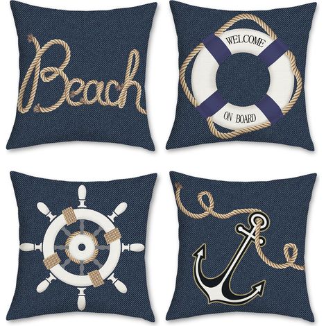 Lot de 4 Housse de Coussin Nautique 50 x 50 cm Ancre Texture Denim Bleu Marine Polyester Lin Décoratif Taie d'oreiller pour Canapé Lit Chaise Voiture Jardin Maison Décoration (1/5)
