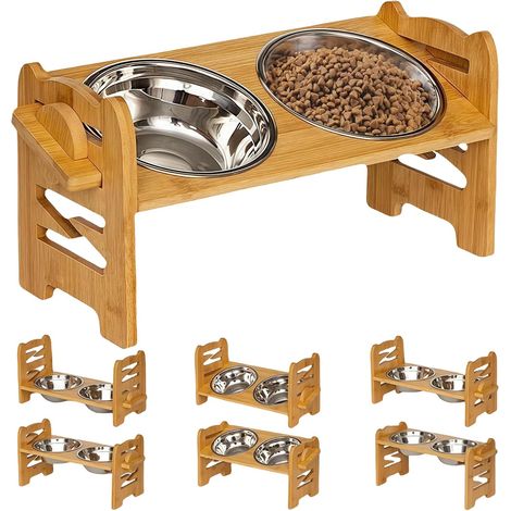 Erhöhter Hundenapf mit 4 Höheneinstellungen: Holznapf mit 2 Edelstahlnäpfen, verstellbarer Napf für große und mittelgroße Hunde