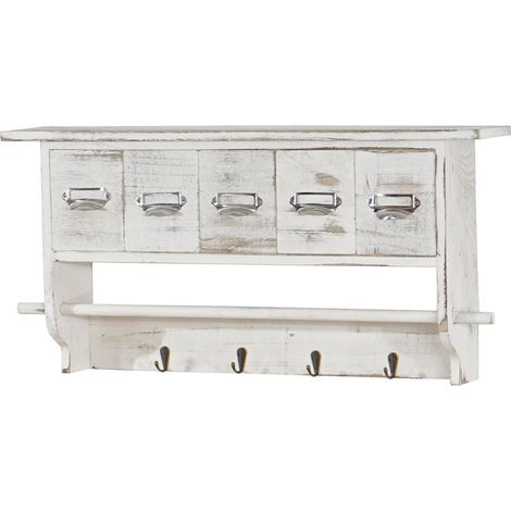 Perchero de pared vintage 5 cajones con 4 ganchos 32x65x13 cm aspecto envejecido blanco 040005760