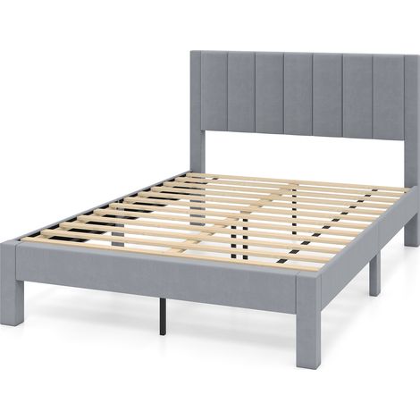 Cadre de Lit Double, Sommier Tissu Velouté avec Tête de Lit, Support Lattes en Bois, Patins Réglables, 200 x 140 cm, Charge 250 kg, Gris, Style 3 (1/2)