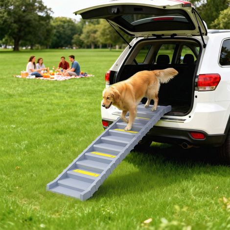 Rampe pliable à 10 marches pour chiens, idéale pour les voitures et les lits hauts, avec bandes antidérapantes et tapis, grise. (1/5)
