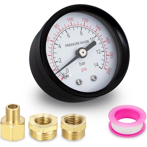 1 piece 50mm well pump manometer BSP 1/4" 0-14 Bar 0200 PSI with 2 pieces sleeve and 1 piece hex reducer fitting a polytetrafluoroethylene strip, axial (1/5)