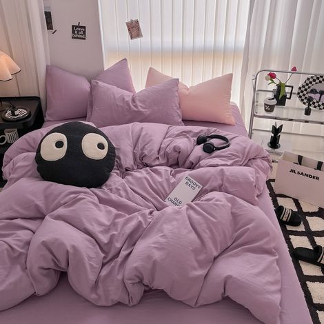 Ultra-weiche Bettwäsche aus gewaschener Baumwolle – Zerknitterter Leinen-Look, 4-teiliges Bettwäsche-Set für 180x220 cm Bett, Farbe Taro-Violett-lsw