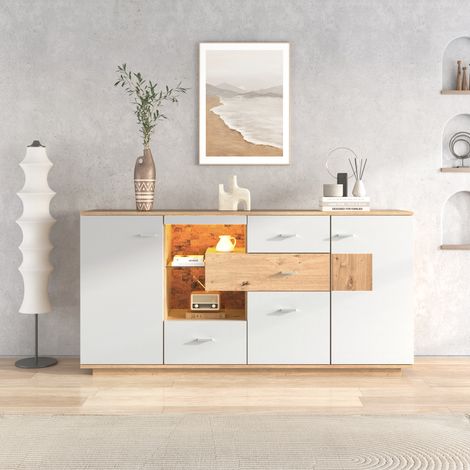 Okwish – Buffet blanc 4 portes 3 tiroirs – Éclairage LED 15 couleurs – Dimensions 160x40x77 cm – Panneaux de particules – Style moderne