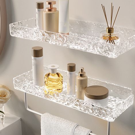 Étagères de salle de bain en acrylique, style moderne et luxueux, motif pierre transparente, sans perçage, blanches, avec tringle. (1/5)