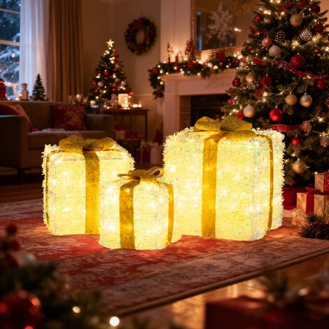 CASART Set of 3 Christmas Lighted Gift Boxes Pre-Lit Tinsel Present Boxes (1/5)