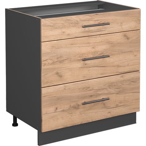 Meuble cuisine Fame-Line, Chêne de force doré, 80 cm avec 3 tiroirs, sans plan de travail, Vicco