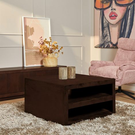 Table basse carrée bois foncé avec rangement MONTARO