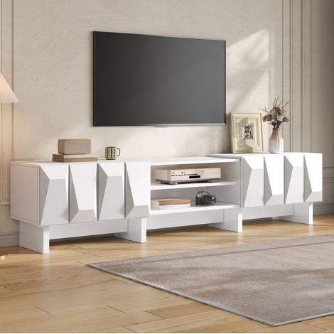 Mobile TV 180x34x44.5 cm, con vani aperti a due livelli, 4 ante, passacavi, pannello truciolare bianco (1/5)