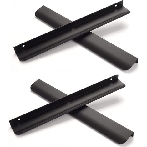 Juego de 4 tiradores ocultos para puertas de armarios de cocina, en color negro mate, con una distancia entre centros de 224 mm y una longitud total de 300 mm.