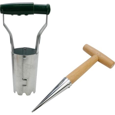 + 1 bulb planter with depth marker and T-handle gardening tool, ideal for transplanting and digging bulbs, silver and green - (1/5)