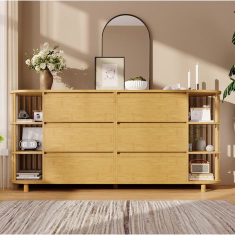 Sideboard 160x40x75 cm Eiche aus MDF und Bambus mit 6 Schubladen, offenen Regalen und höhenverstellbaren Füßen (1/5)