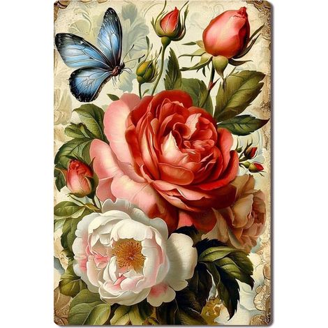 Plaque en Métal Vintage Art Murale pour Jardin de Fleurs de Iris, Élégance Géométrique et Couleur Vibrante 30x20 cm. (1/5)