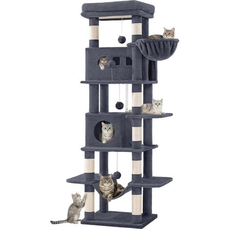 210 cm Grand Arbre à Chat, Tour à Chat pour Chats d'intérieur, avec Grand Perchoir, Tapis Lavable, 2 Niches Chats, 8 Griffoirs, Hamac, Pompons, Gris Foncé MS21018SG (1/5)