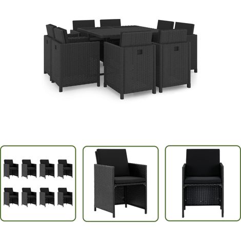 The Living Store Ensemble à manger d'extérieur 9pcs coussins résine tressée noir - Mobilier De Jardin - Salon De Jardin - Set De Table - Ensemble Extérieur - Meubles De Terrasse (1/5)