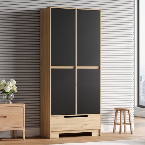 Meuble de de cuisine 180 cm, Buffet garde-manger colonne de rangement, avec 1 tiroir et étagères de porte, MDF moderne, Noir (1/5)