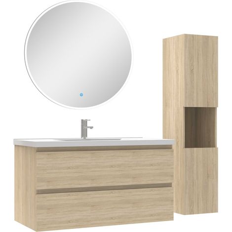 Ensemble meubles simple vasque 100cm,colonne + miroir rond lumineux Chêne Wotan
