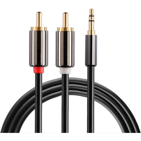 Câble audio stéréo adaptateur jack 3,5 mm AUX vers 2 x RCA mâles - Plaqué or - 2 mètres - Noir (1/4)