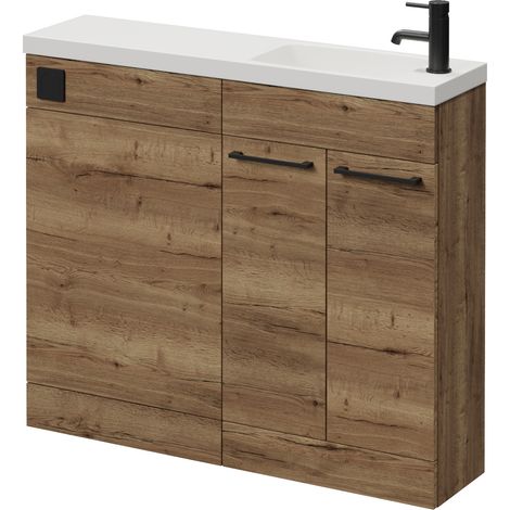Napoli 250 Tobacco Oak 1000mm 2 Door Vanity Unit Toilet Suite with Round Silvo Basin - 1000mm - Matt Black 160mm HandleWithout Jubilee Toilet Pan